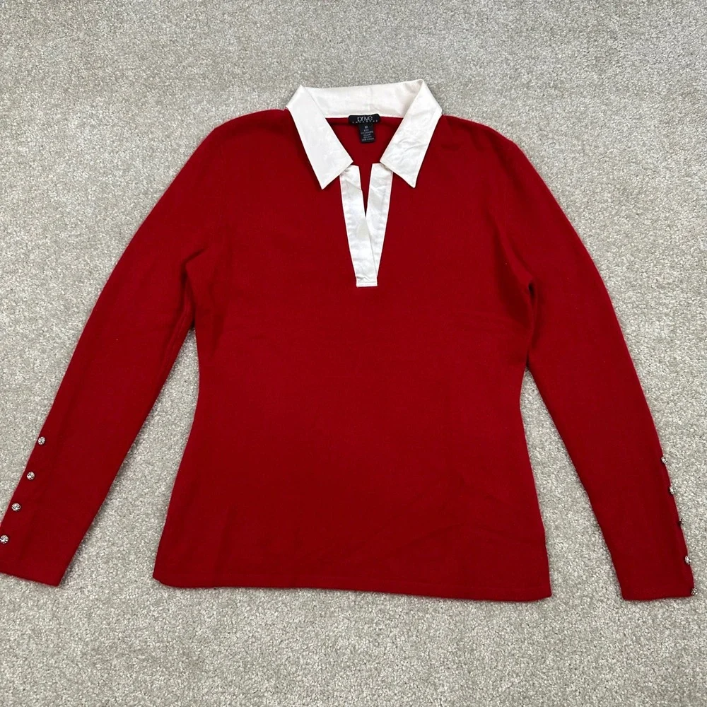 Prive Cashmere Red Silk Collar Sweater Rhinestone Button Cuff Polo Pullover M